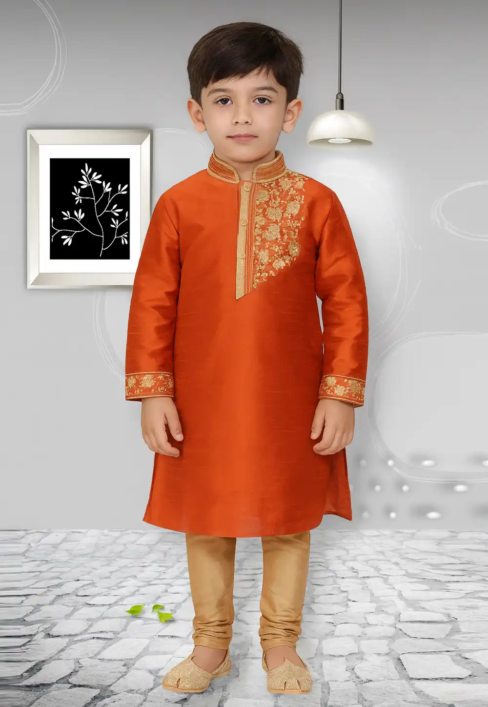Orange Dupion Silk Kids Kurta Pajama 320825