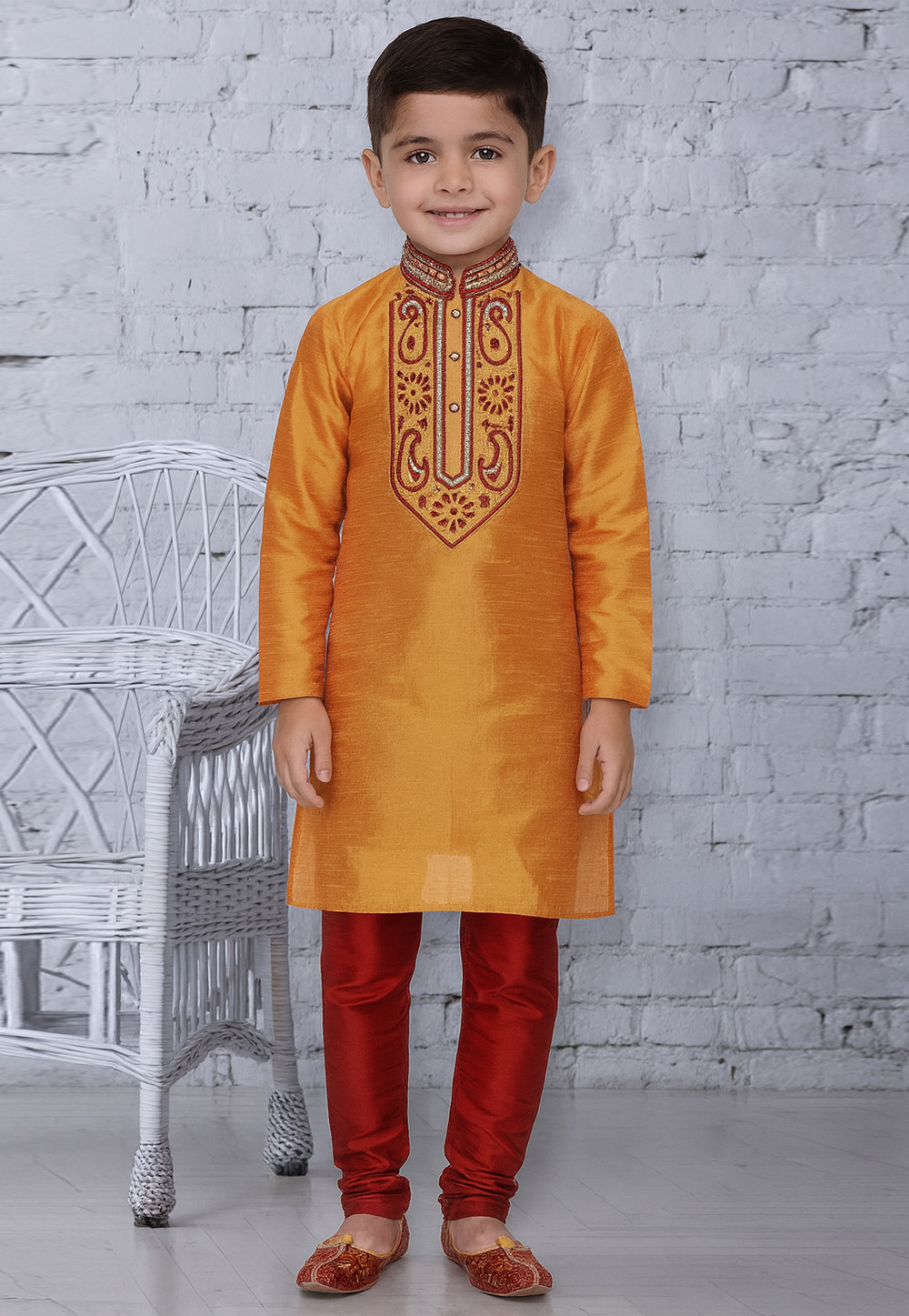 Orange Dupion Silk Kids Kurta Pajama 320780