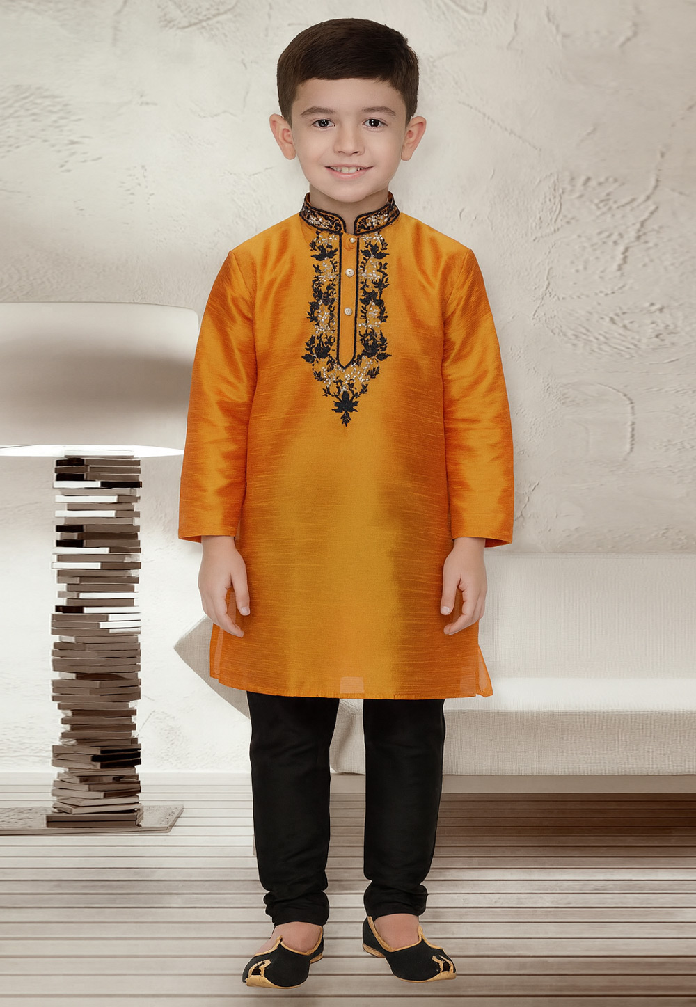 Orange Dupion Silk Kids Kurta Pajama 320789