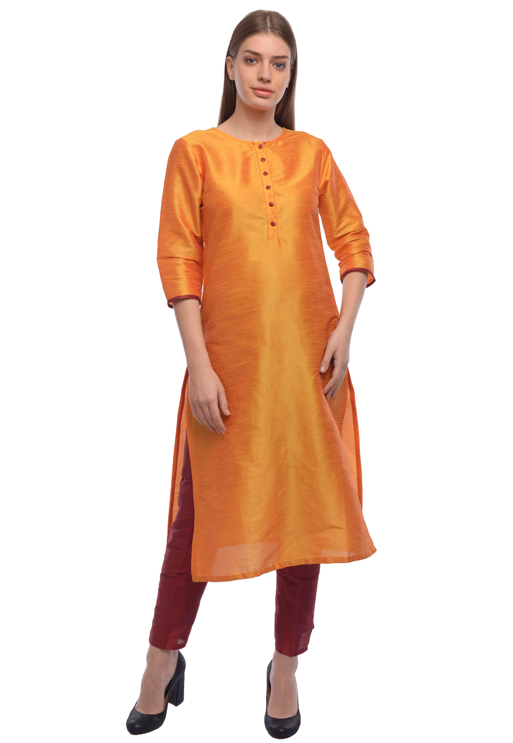 Orange Dupion Silk Kurta Set With Pent 284893