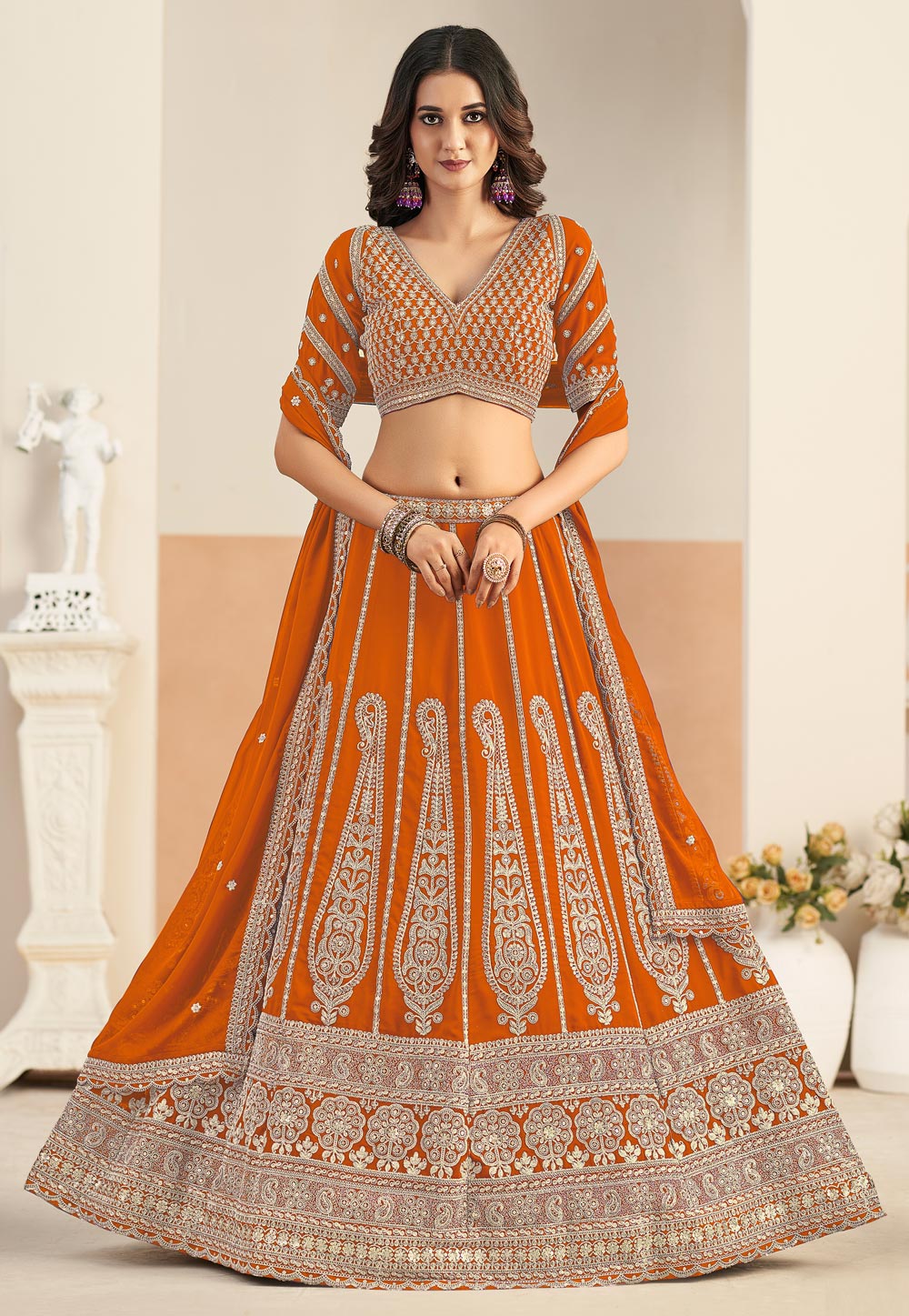 Orange Faux Georgette A Line Lehenga Choli 325768