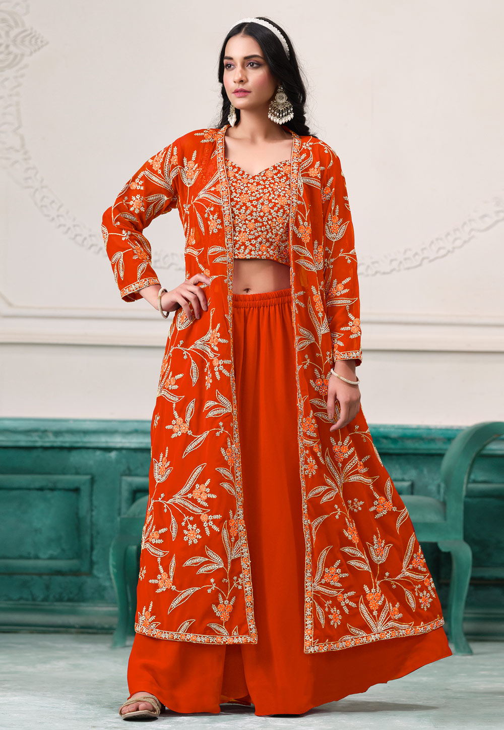 Orange Faux Georgette Palazzo With Crop Top 306894