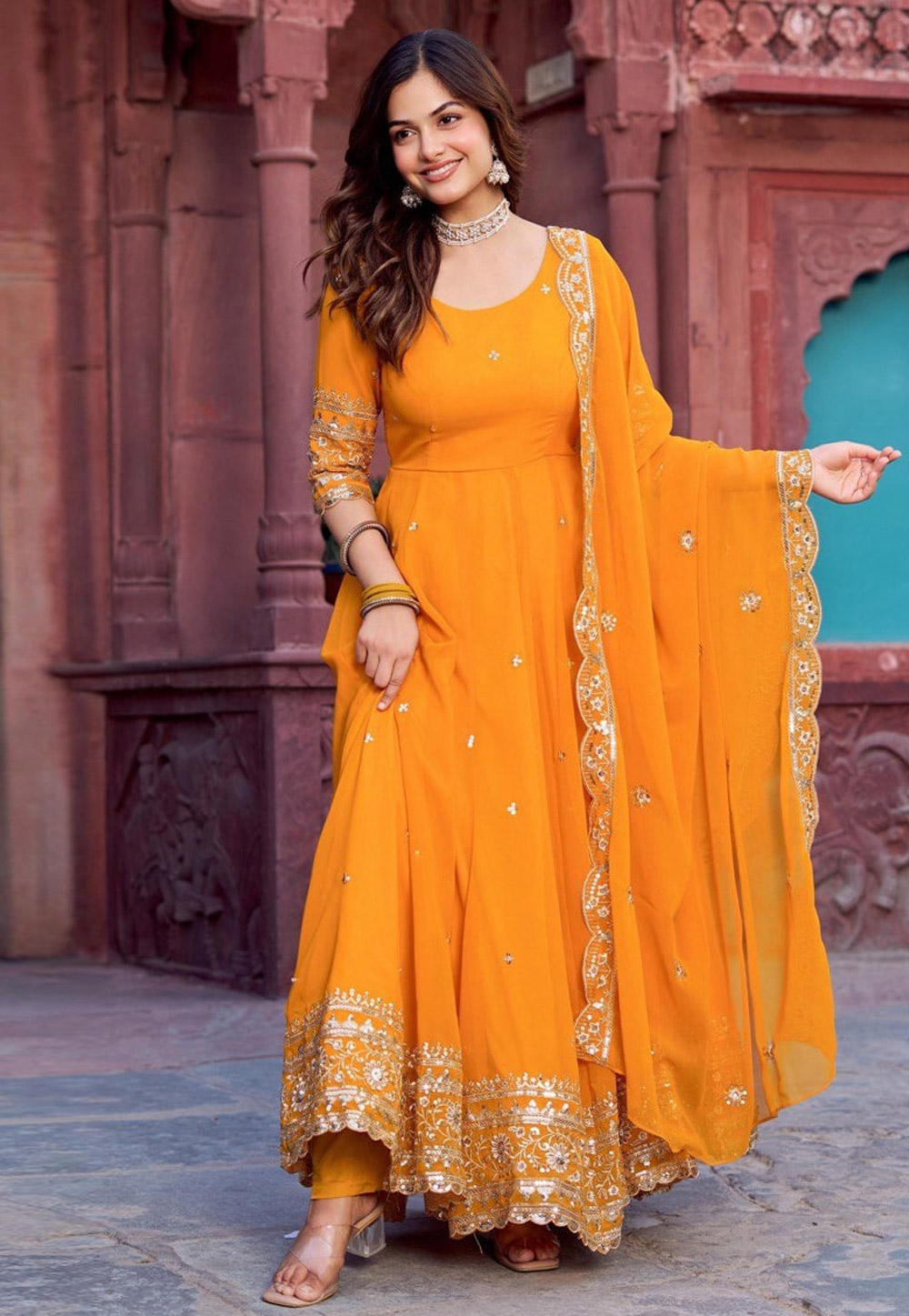 Orange Faux Georgette Readymade Anarkali Suit 311652