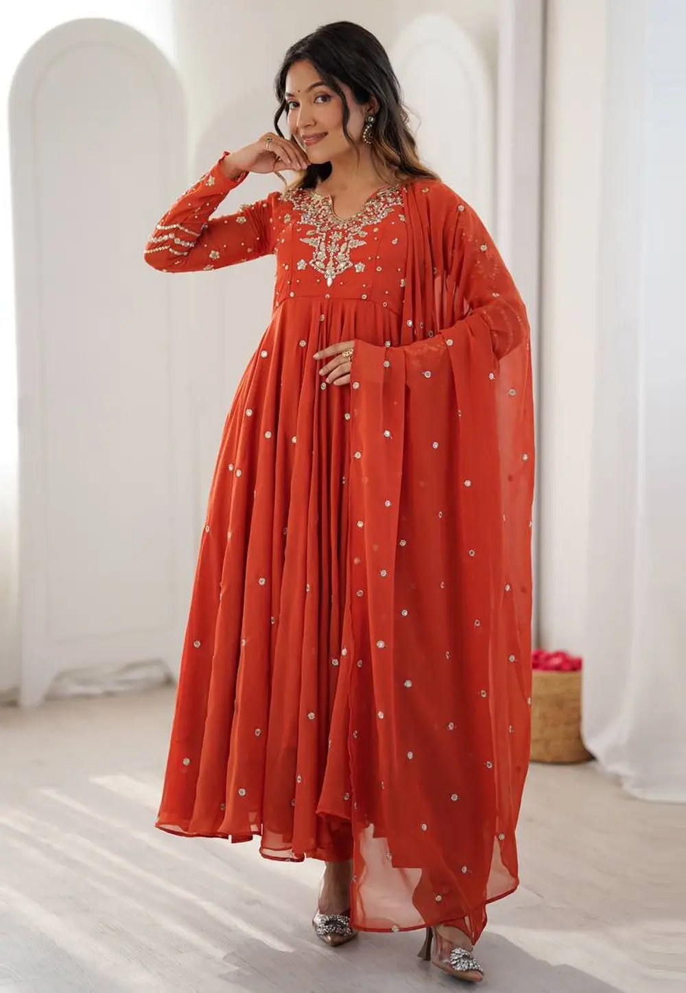 Orange Faux Georgette Readymade Anarkali Suit 333735