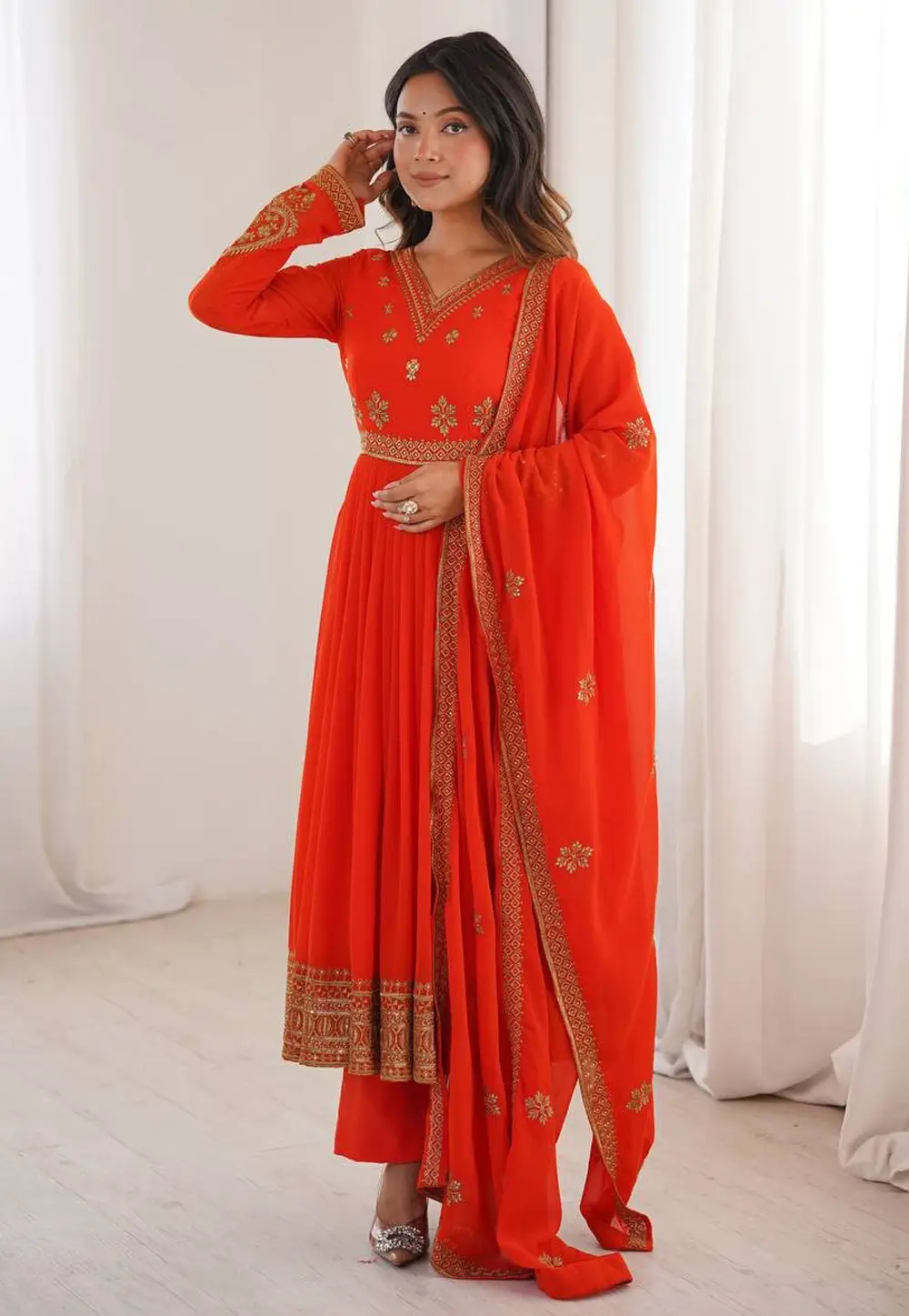 Orange Faux Georgette Readymade Anarkali Suit 336686