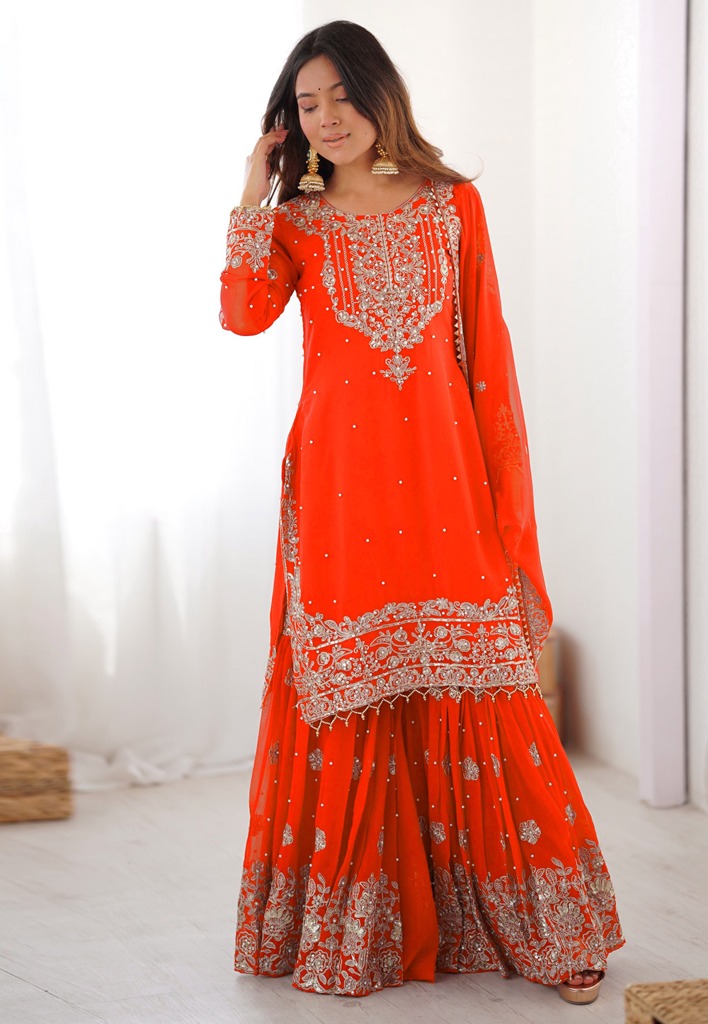 Orange Faux Georgette Readymade Gharara Suit 321923