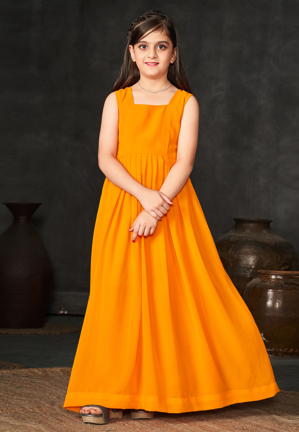 Orange Faux Georgette Readymade Kids Gown With Jacket 285074