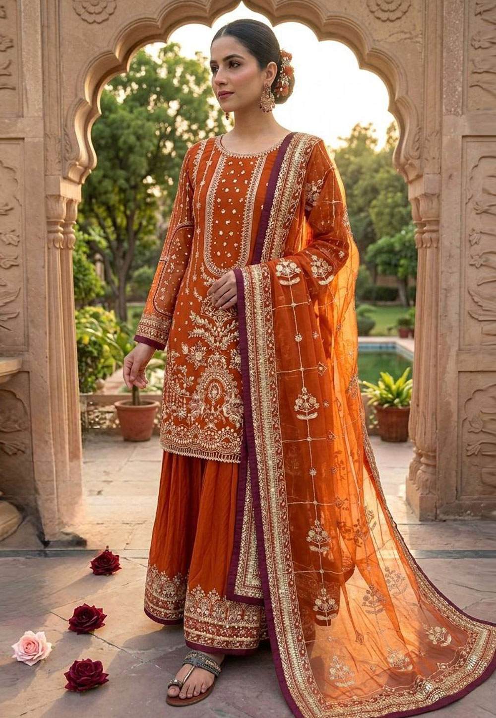 Orange Faux Georgette Readymade Pakistani Suit 328957