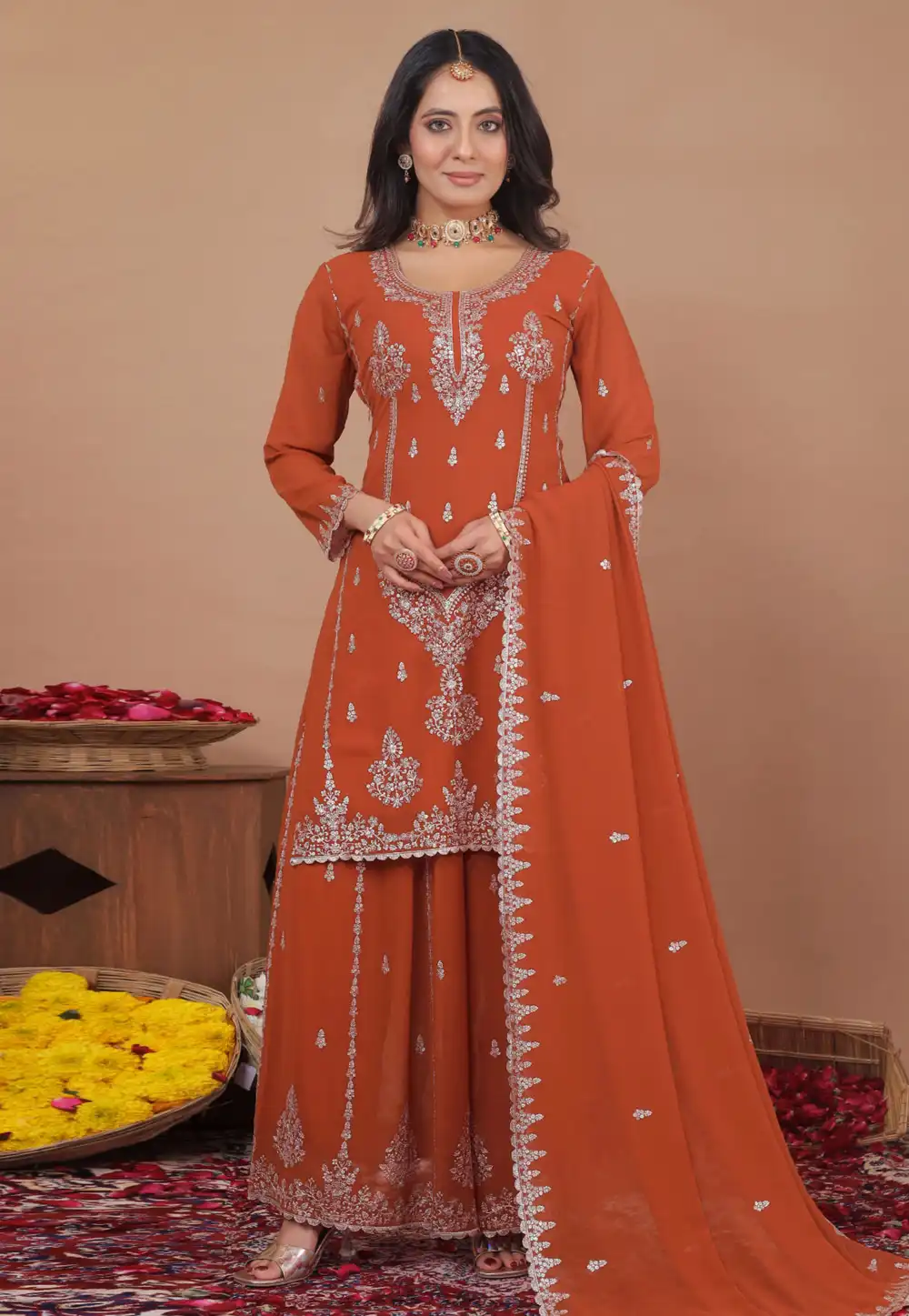 Orange Faux Georgette Readymade Pakistani Suit 323692