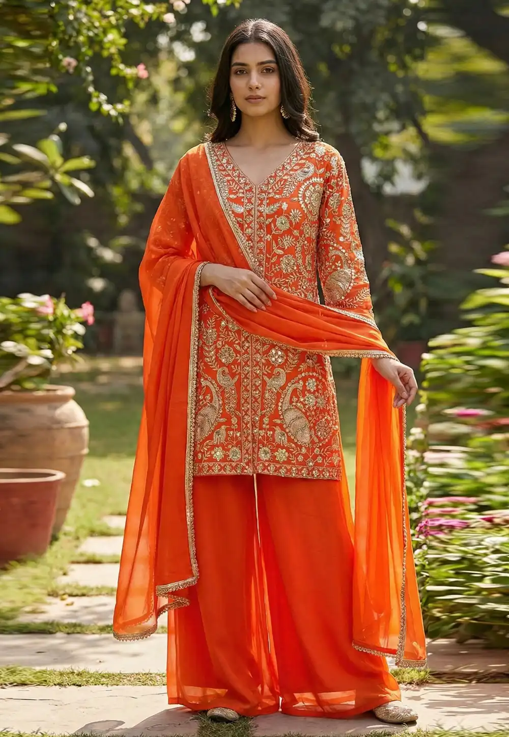 Orange Faux Georgette Readymade Palazzo Suit 323336