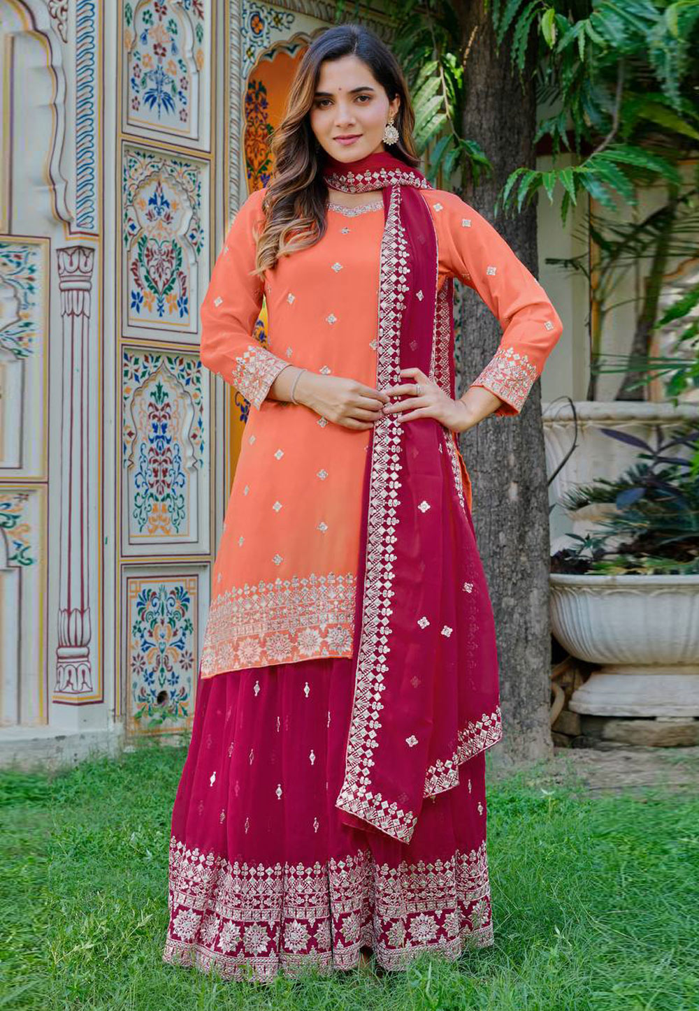 Orange Faux Georgette Readymade Palazzo Suit 328975