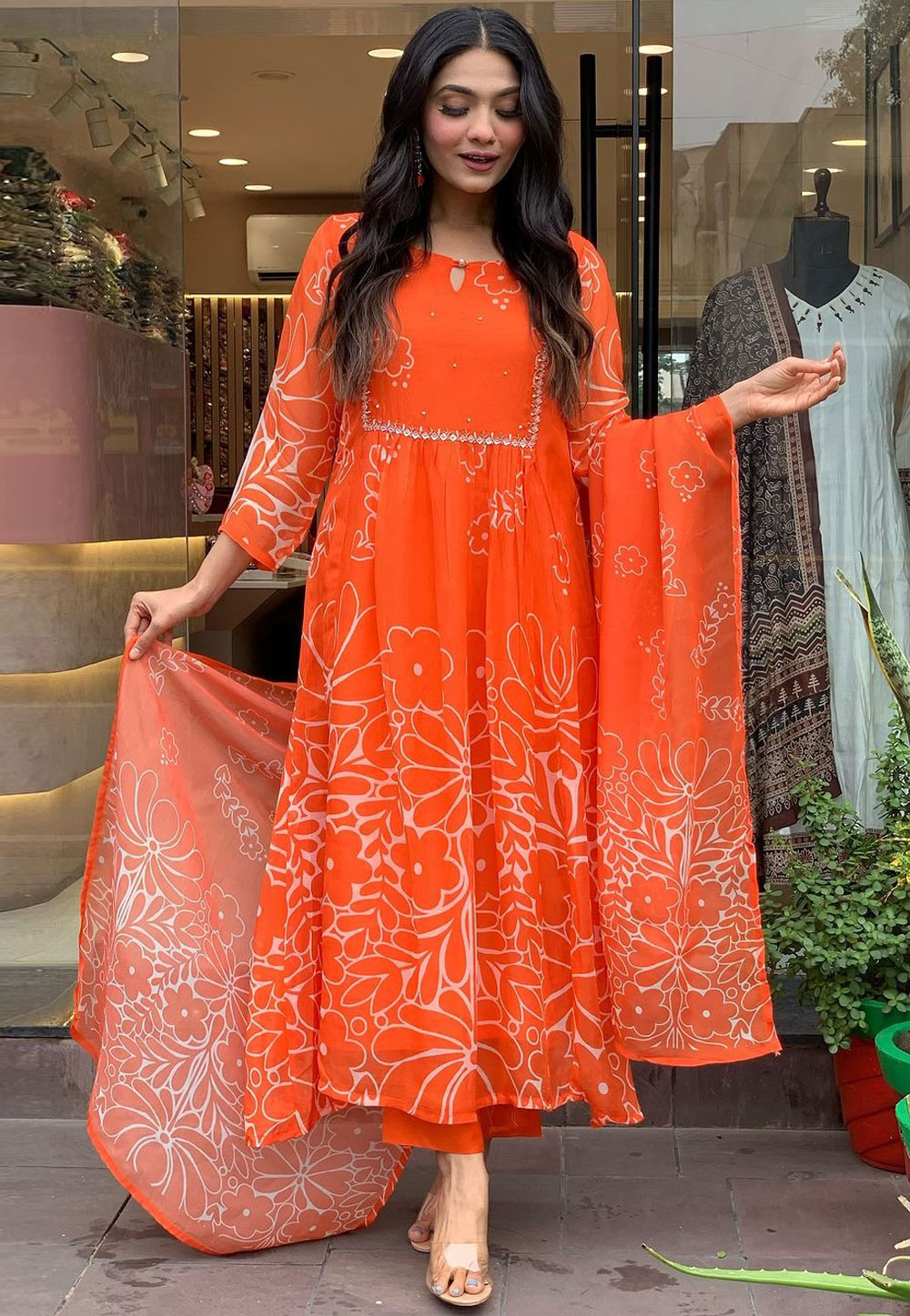 Orange Faux Georgette Readymade Pant Style Suit 308108