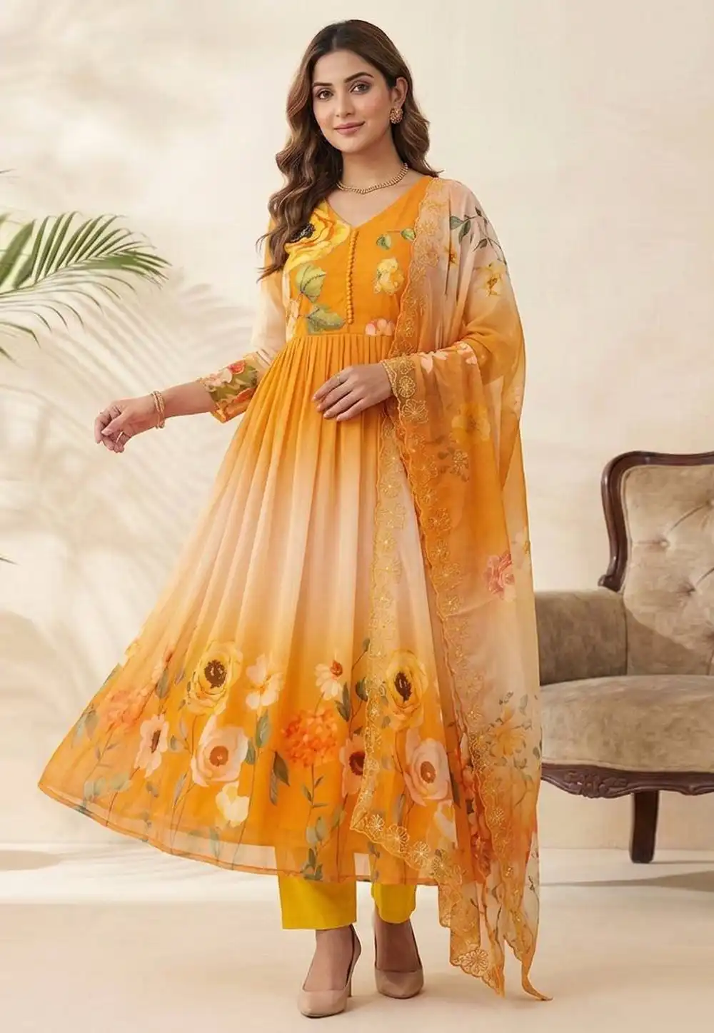 Orange Faux Georgette Readymade Pant Style Suit 328893