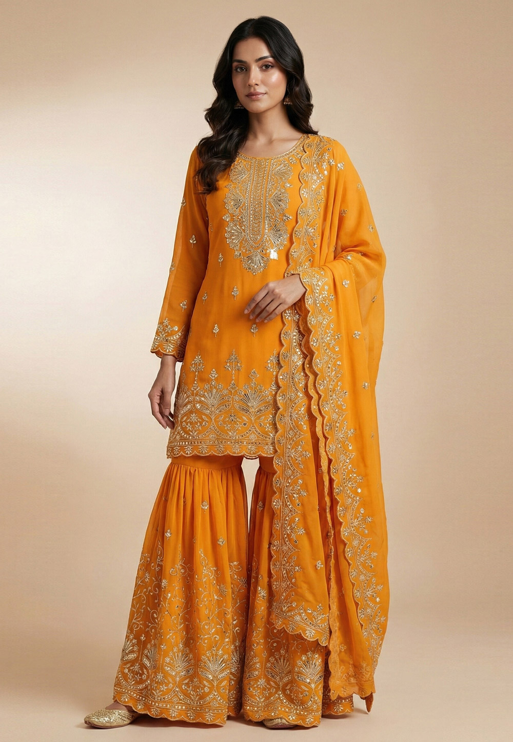 Orange Faux Georgette Readymade Sharara Suit 323812