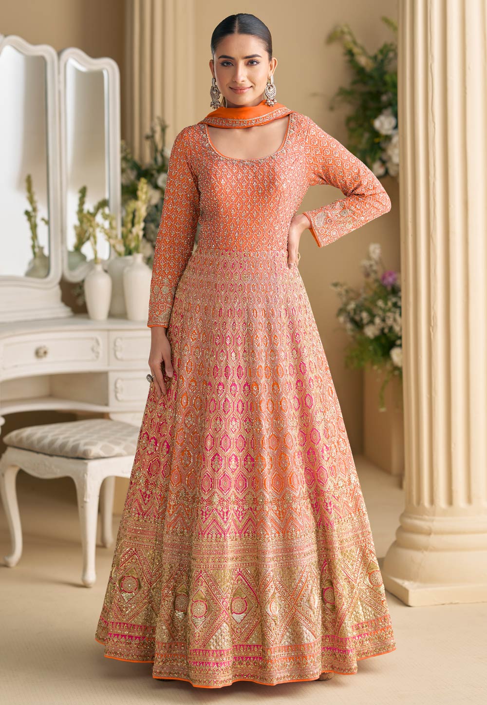 Orange Georgette Embroidered Anarkali Suit 321887