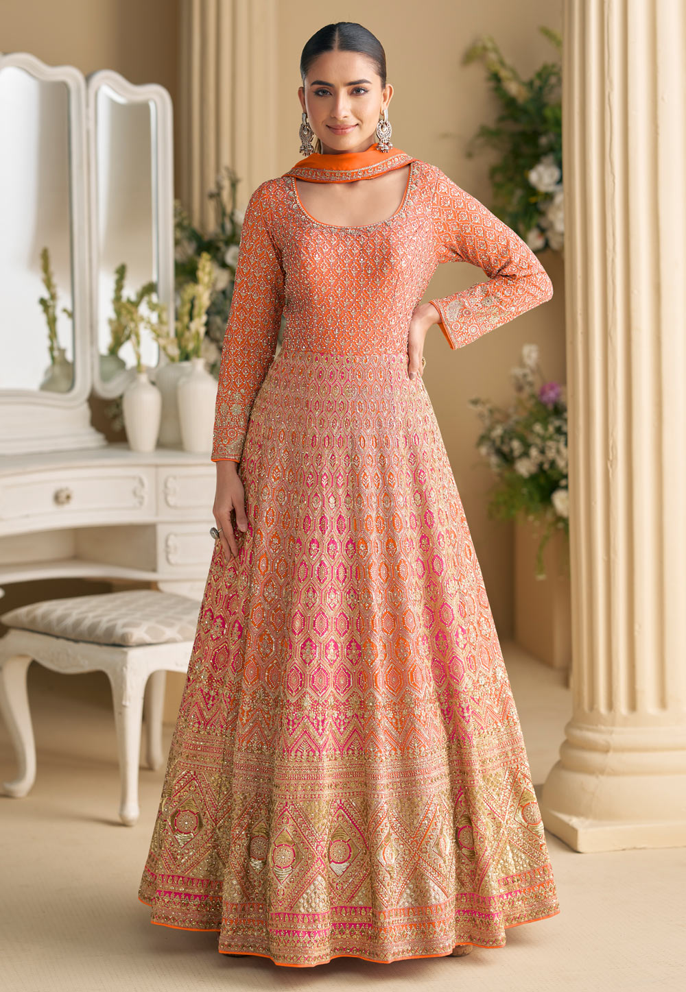 Orange Georgette Embroidered Anarkali Suit 318061