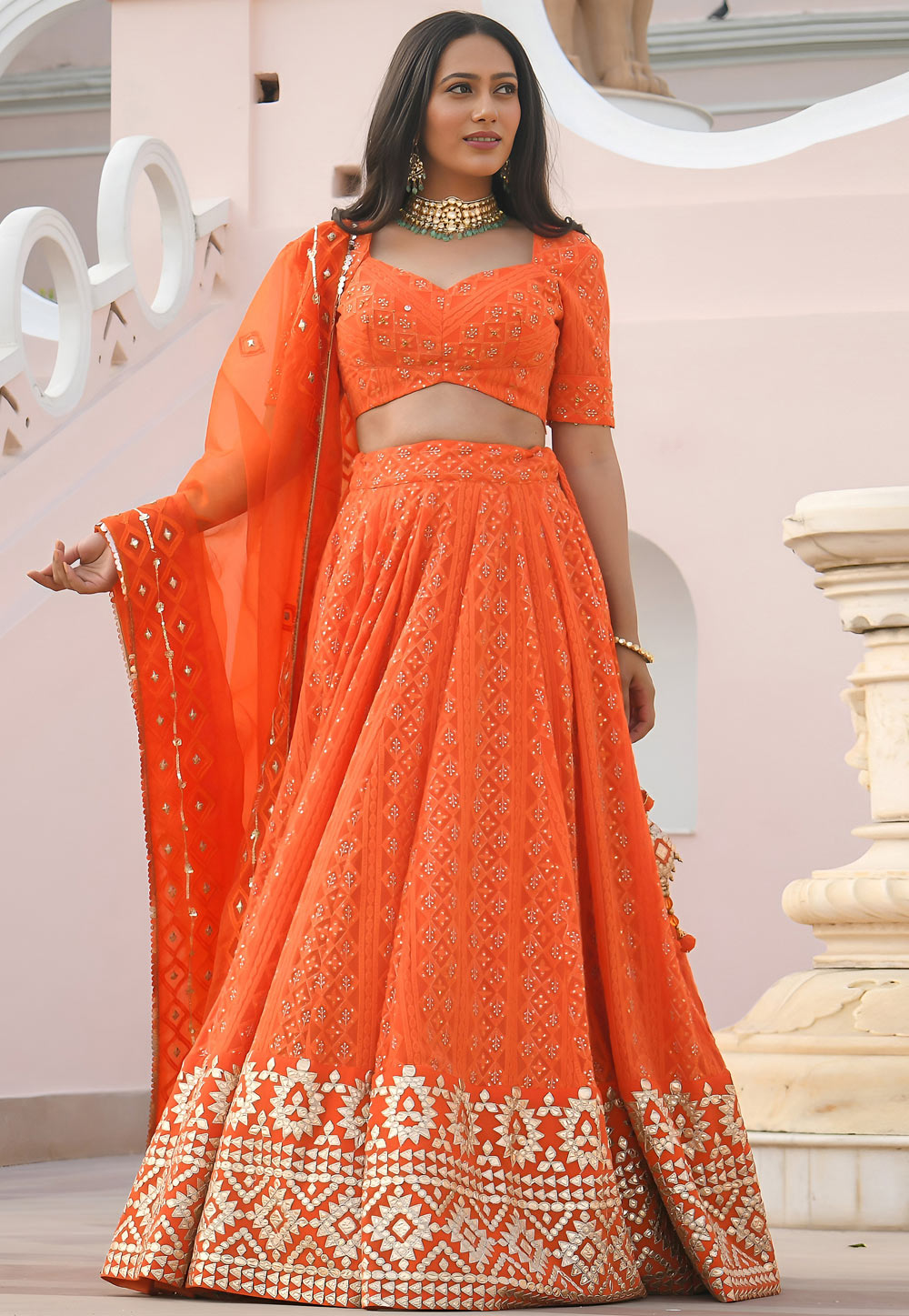 Orange Georgette Lehenga Choli 328547