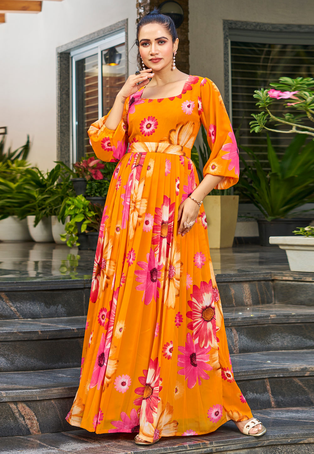 Orange Georgette Printed Gown 328594