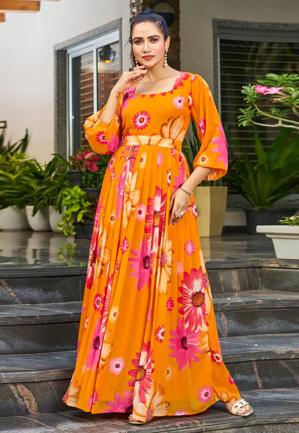 Orange Georgette Printed Gown 328594