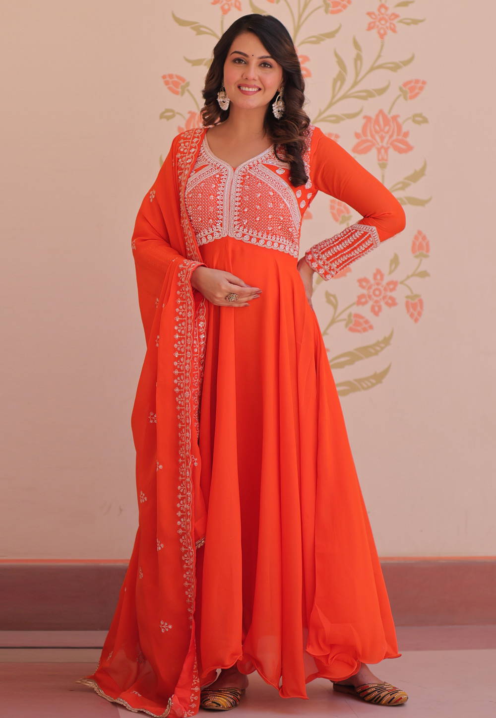 open lace back dress ORANGE CHIFFON BANDHEJ ANARKALI SUIT SET – Gulabi Dori main image 1