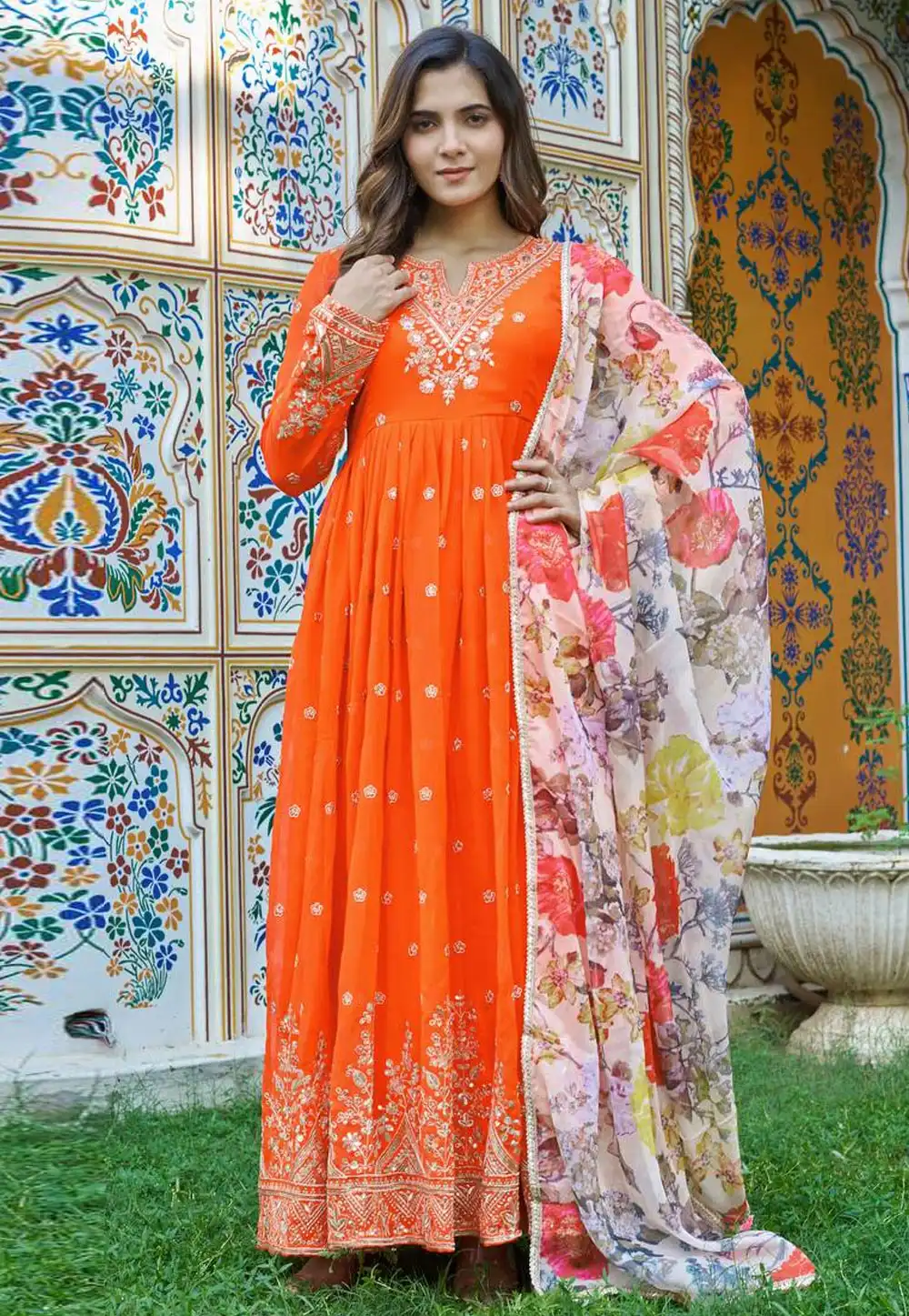 Orange Georgette Readymade Anarkali Suit 326611