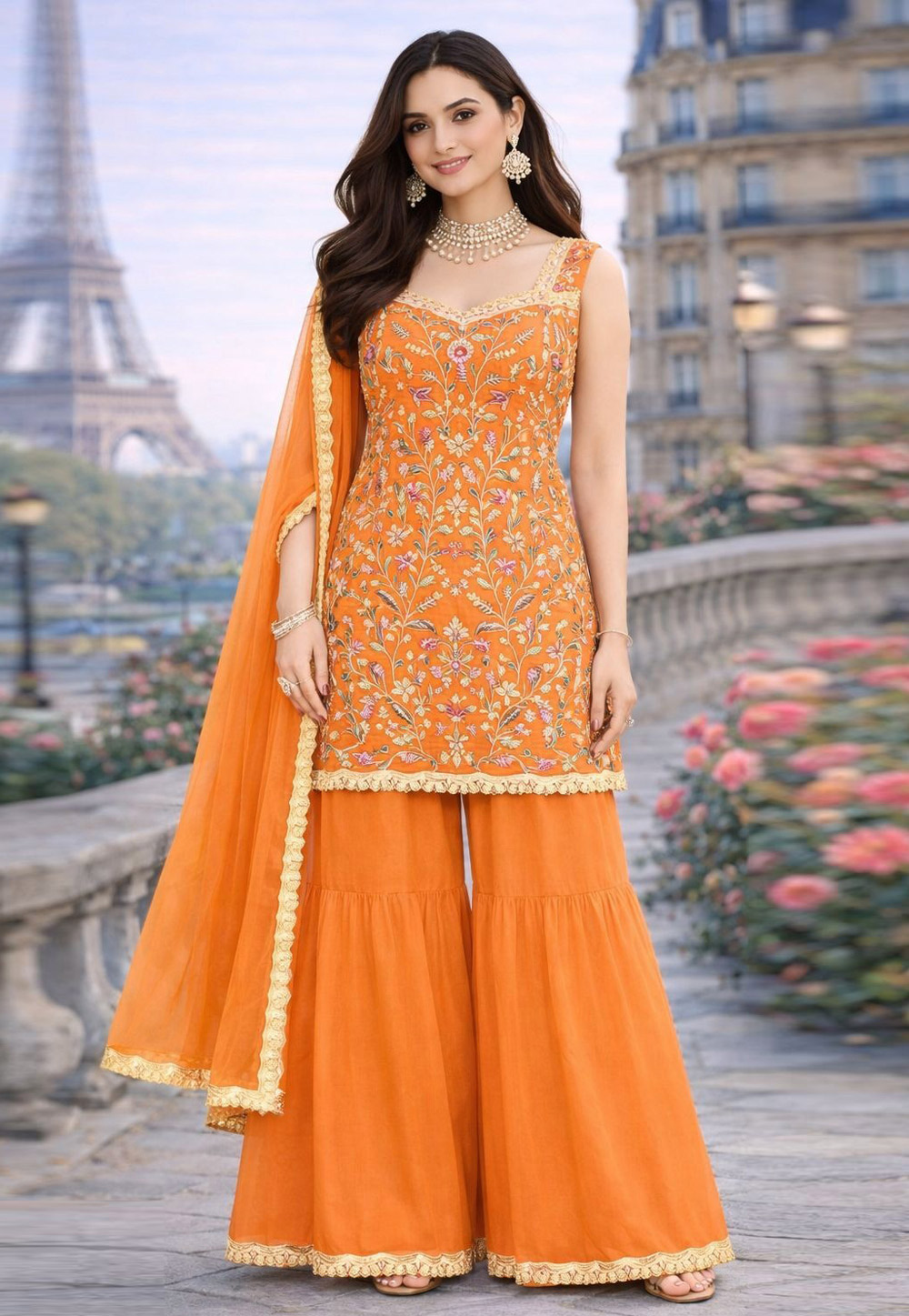 Orange Georgette Readymade Gharara Suit 322957