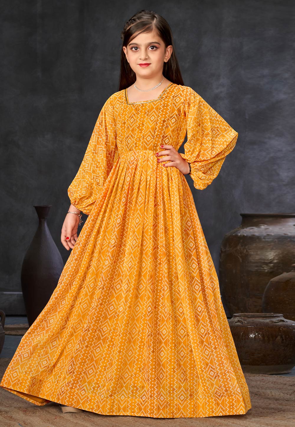 Orange Georgette Readymade Kids Gown 283868