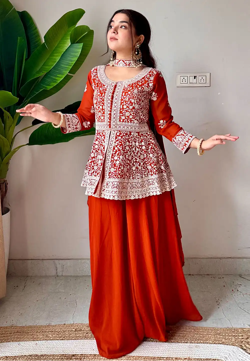Orange Georgette Readymade Palazzo Suit 329997