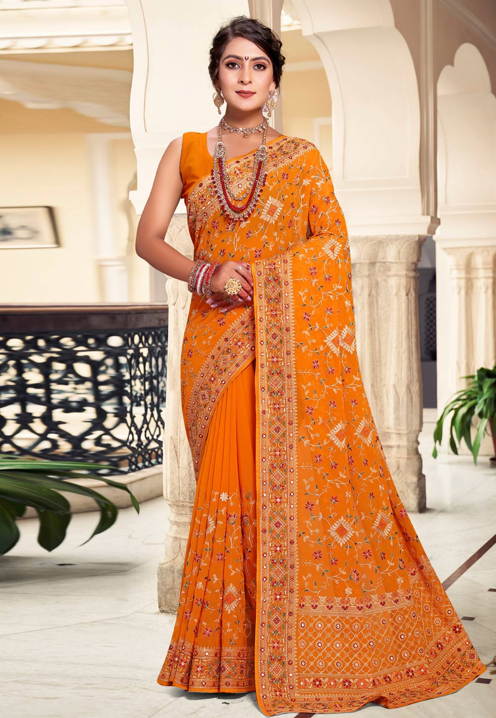 Orange Georgette Saree With Blouse 279307