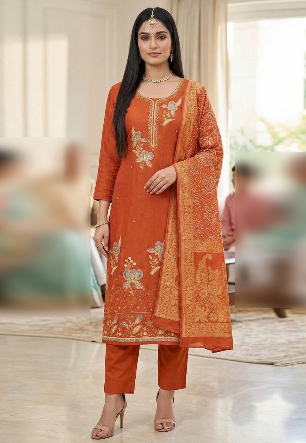 Orange Georgette Straight Suit 326479