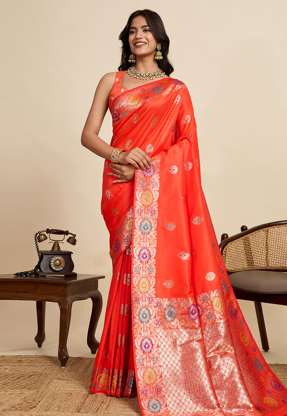 Orange Jacquard Saree With Blouse 320701
