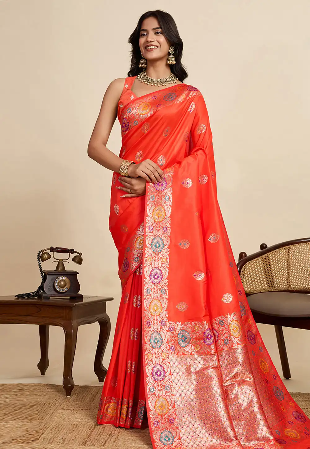 Orange Jacquard Saree With Blouse 320701