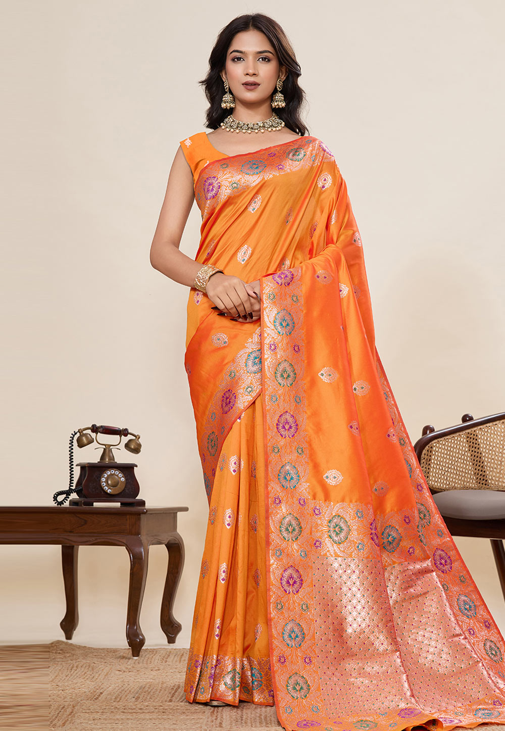 Orange Jacquard Saree With Blouse 320705
