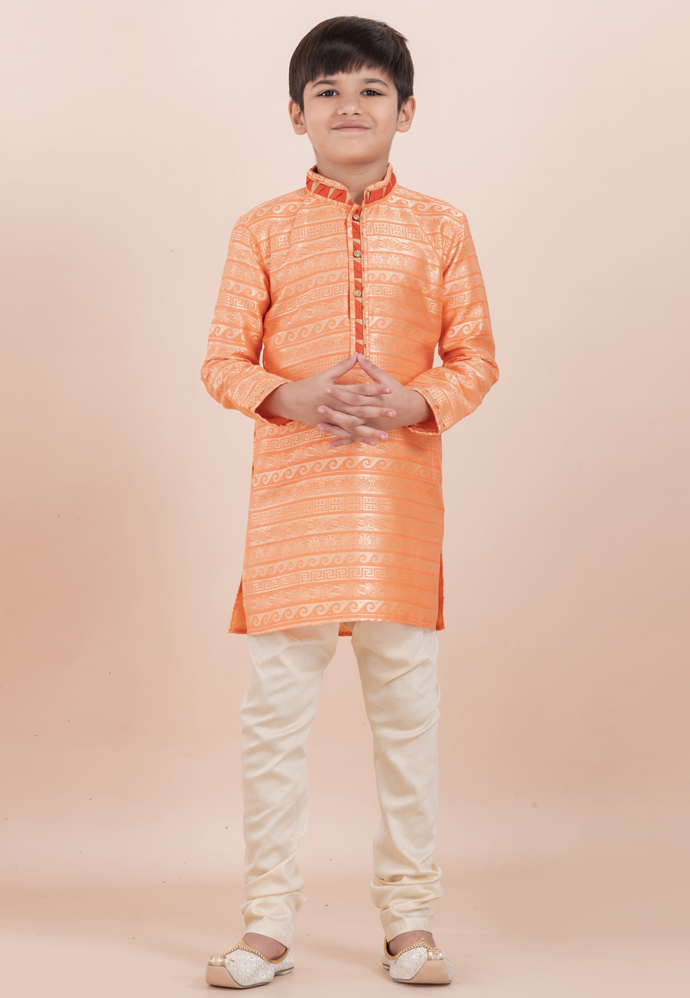 Orange Jacquard Silk Kids Kurta Pajama 305975