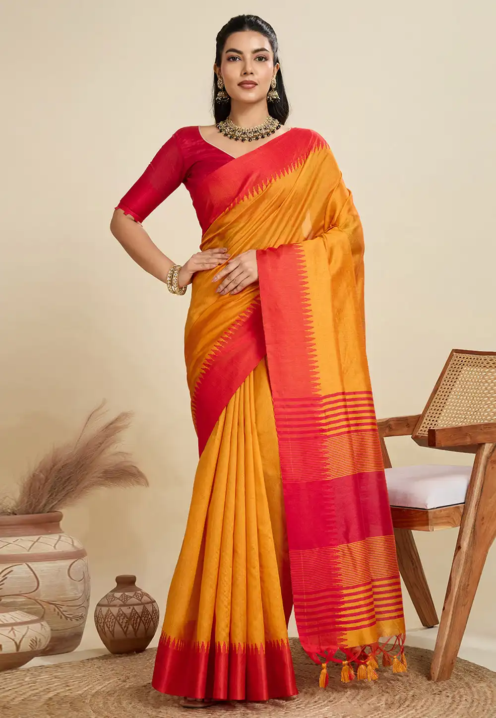Orange Khadi Saree With Blouse 314069