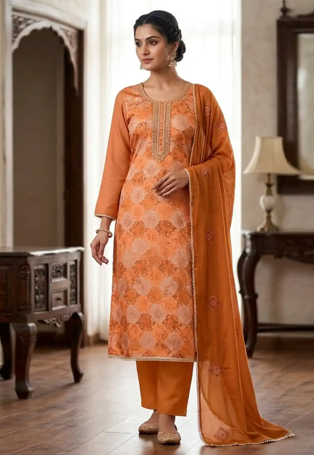 Orange Muslin Pakistani Suit 330592