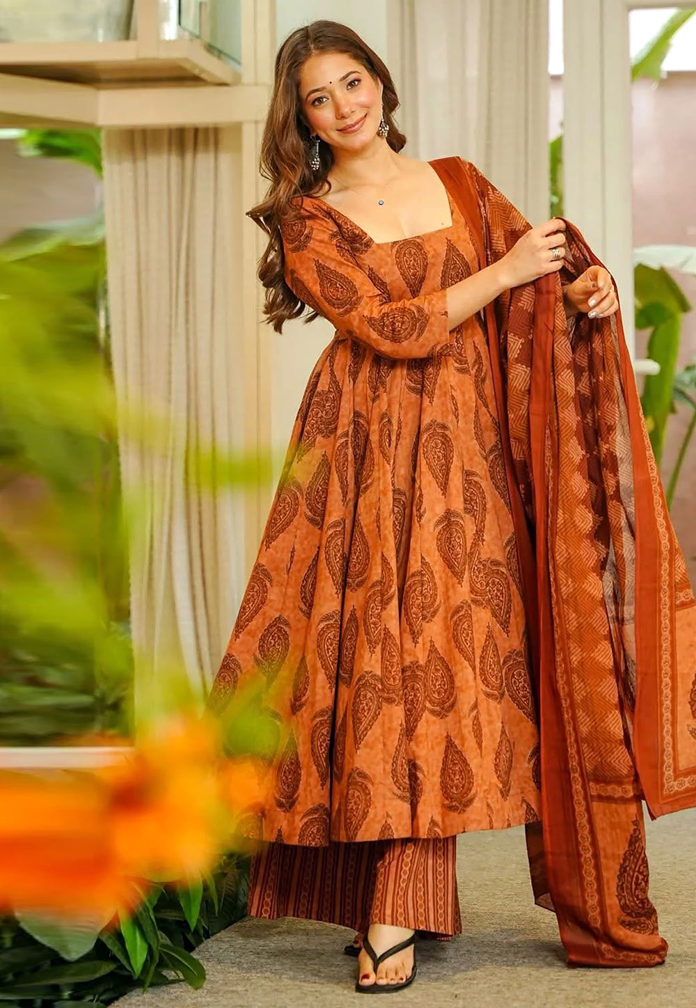 Orange Muslin Readymade Palazzo Suit 327397