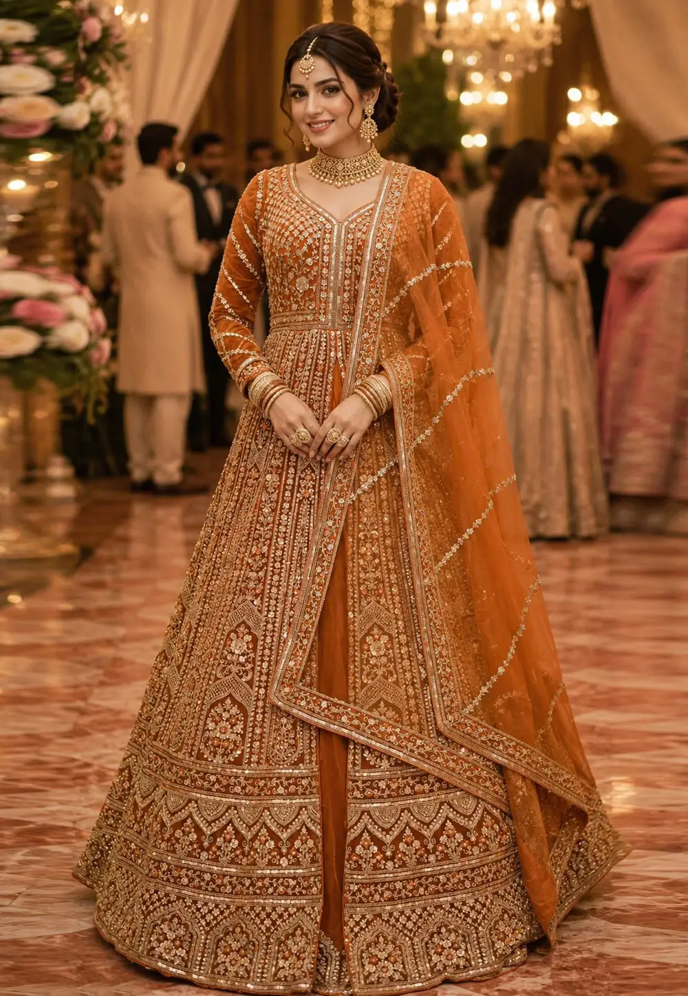 Orange Net Anarkali Lehenga Choli 332096