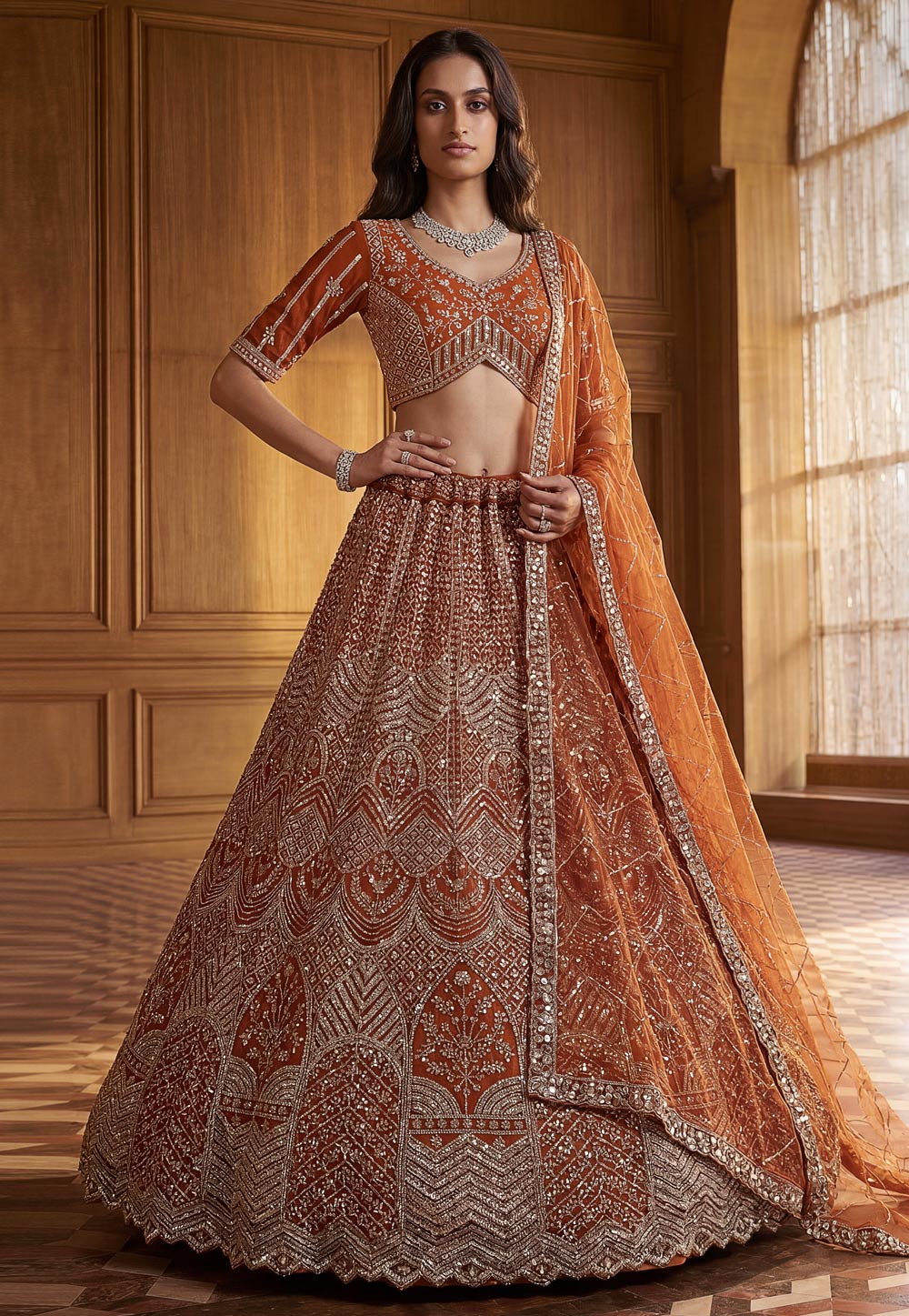 Orange Net Lehenga Choli For Wedding 330172