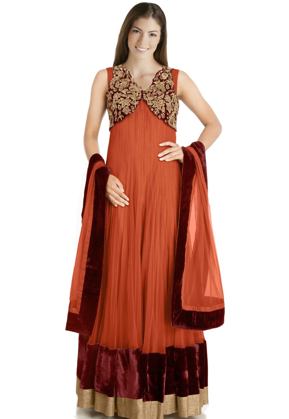 Orange Net Readymade Anarkali Suit 322184