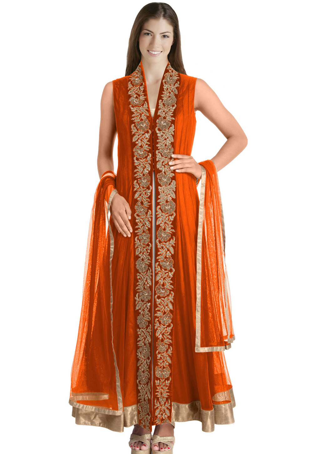 Orange Net Readymade Long Anarkali Suit 321769