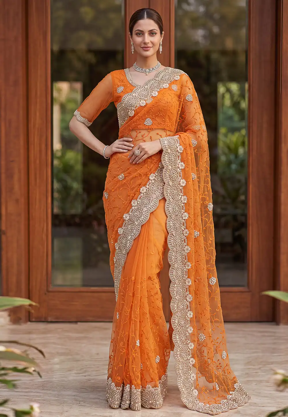 Orange Net Saree With Blouse 330560