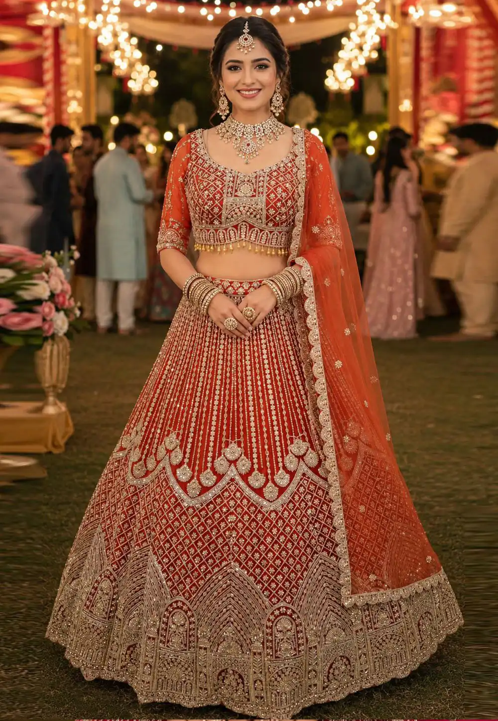Orange Net Wedding Lehenga Choli 329716