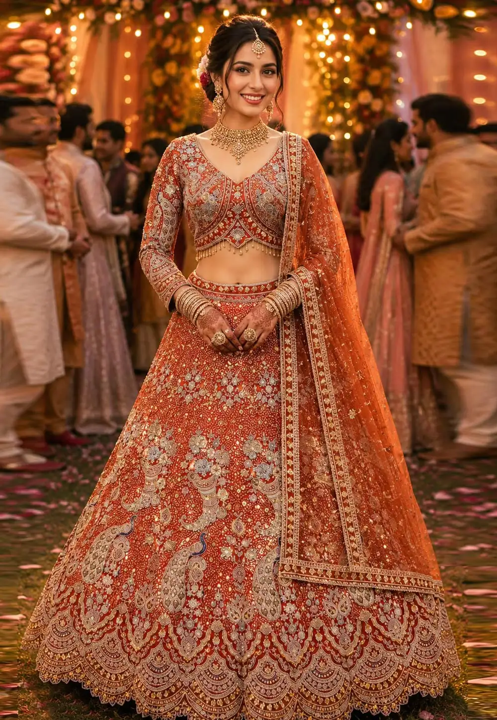 Orange Net Wedding Lehenga Choli 330920