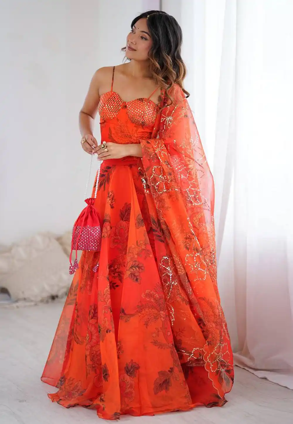 Orange Organza Floral print Lehenga choli 316964