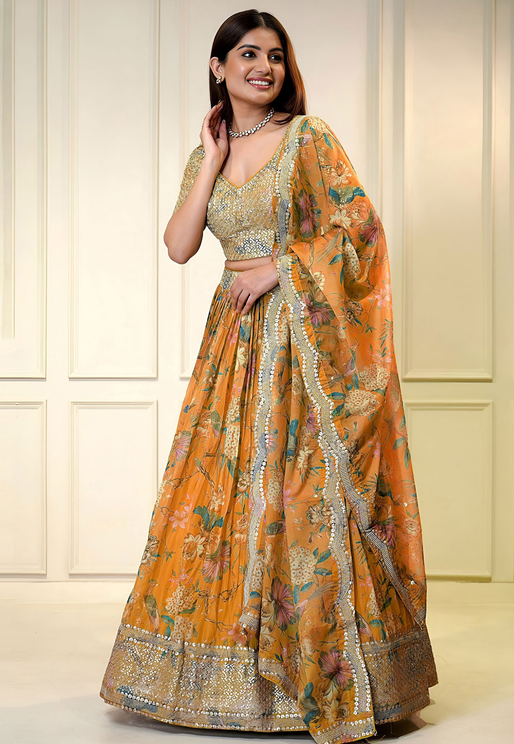 Orange Organza Floral print Lehenga Choli 322743