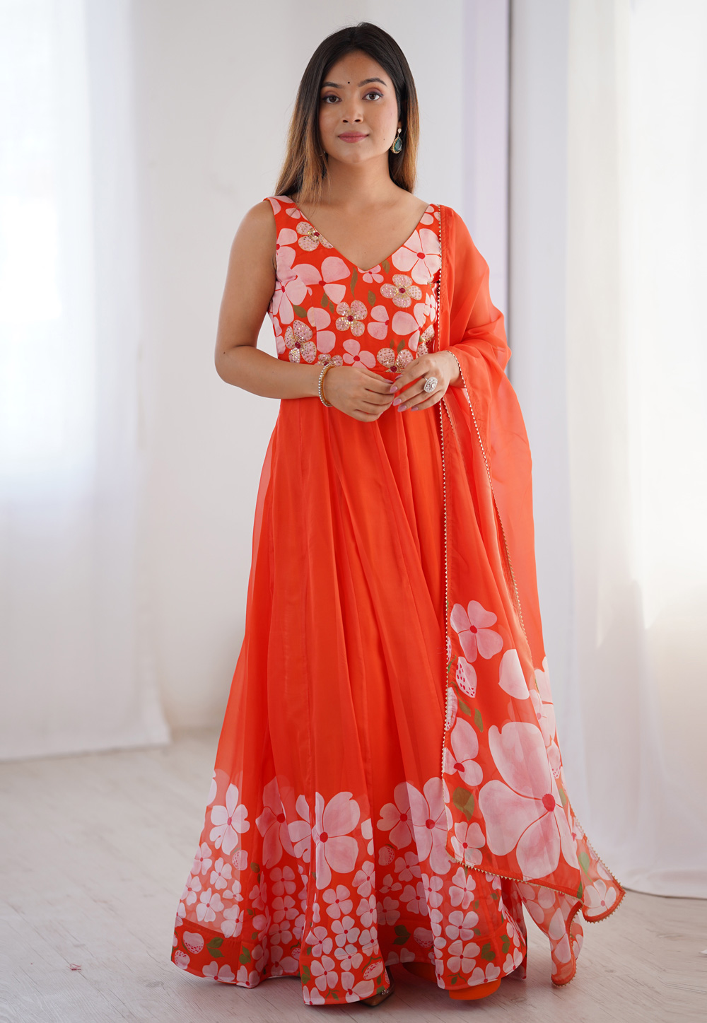 Orange Organza Readymade Anarkali Suit 312361