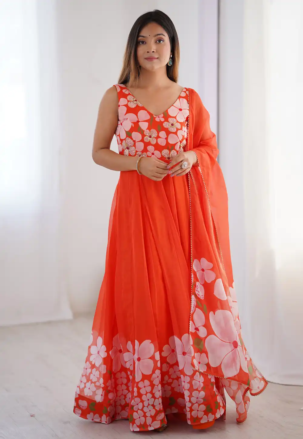 Orange Organza Readymade Anarkali Suit 312361