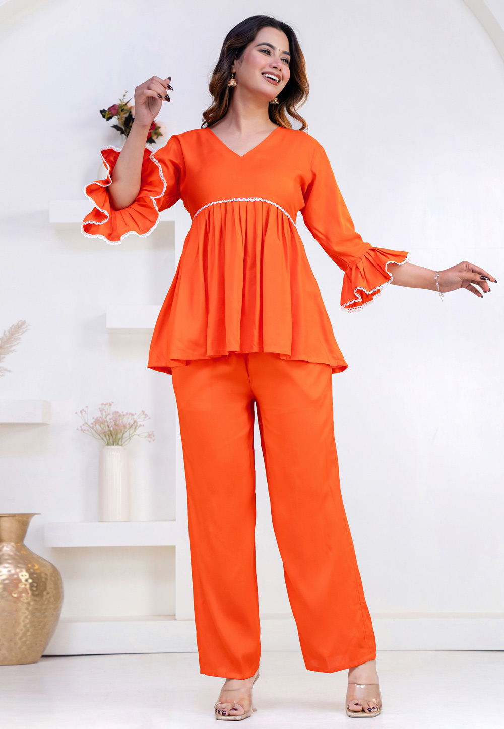 Orange Rayon Kurta Set With Palazzo 327284