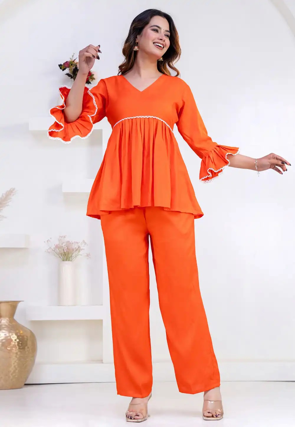 Orange Rayon Kurta Set With Palazzo 327284